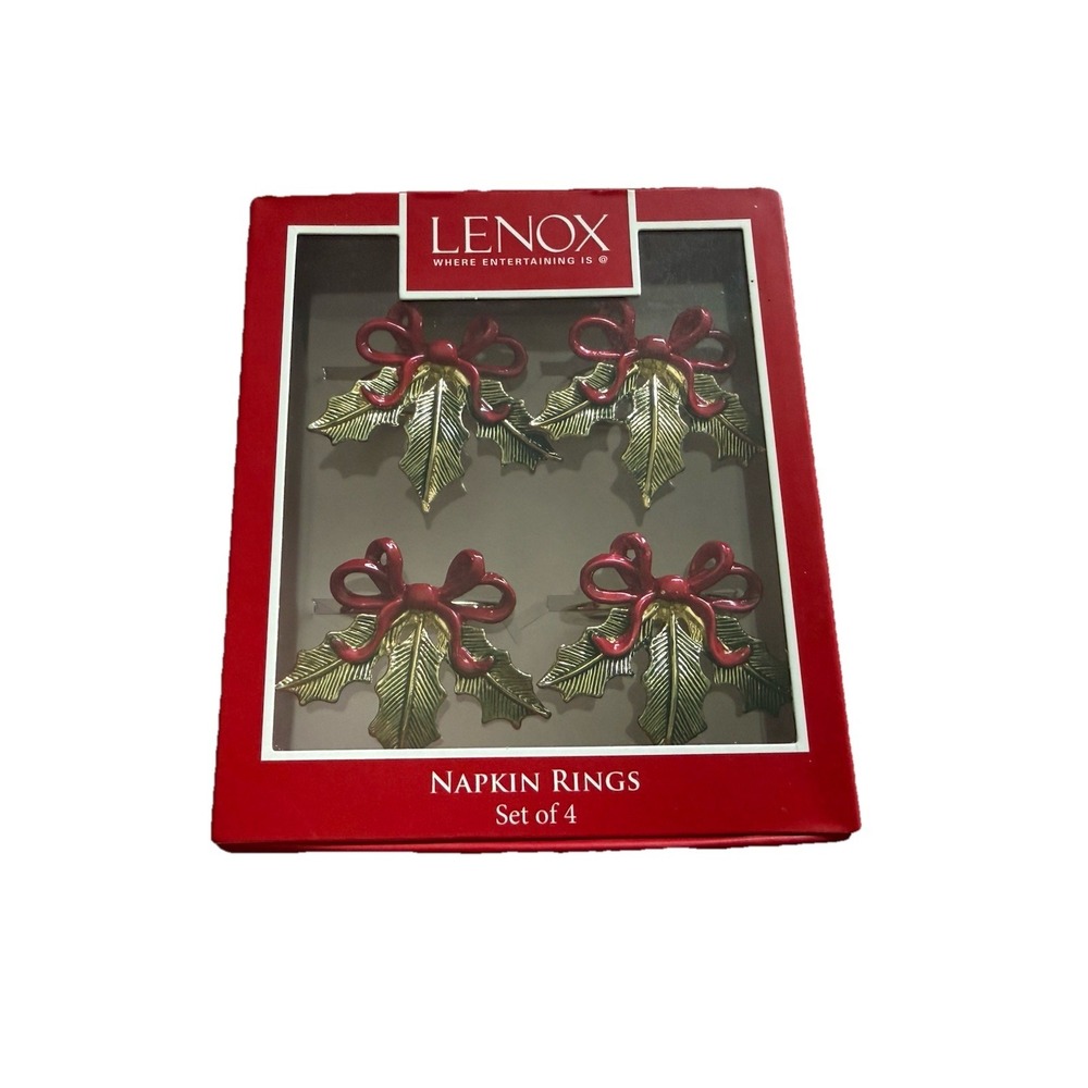 New Lenox Napkin Rings Holly Ribbon Bow Metal Boxed Set of 4 Green Red & Gold